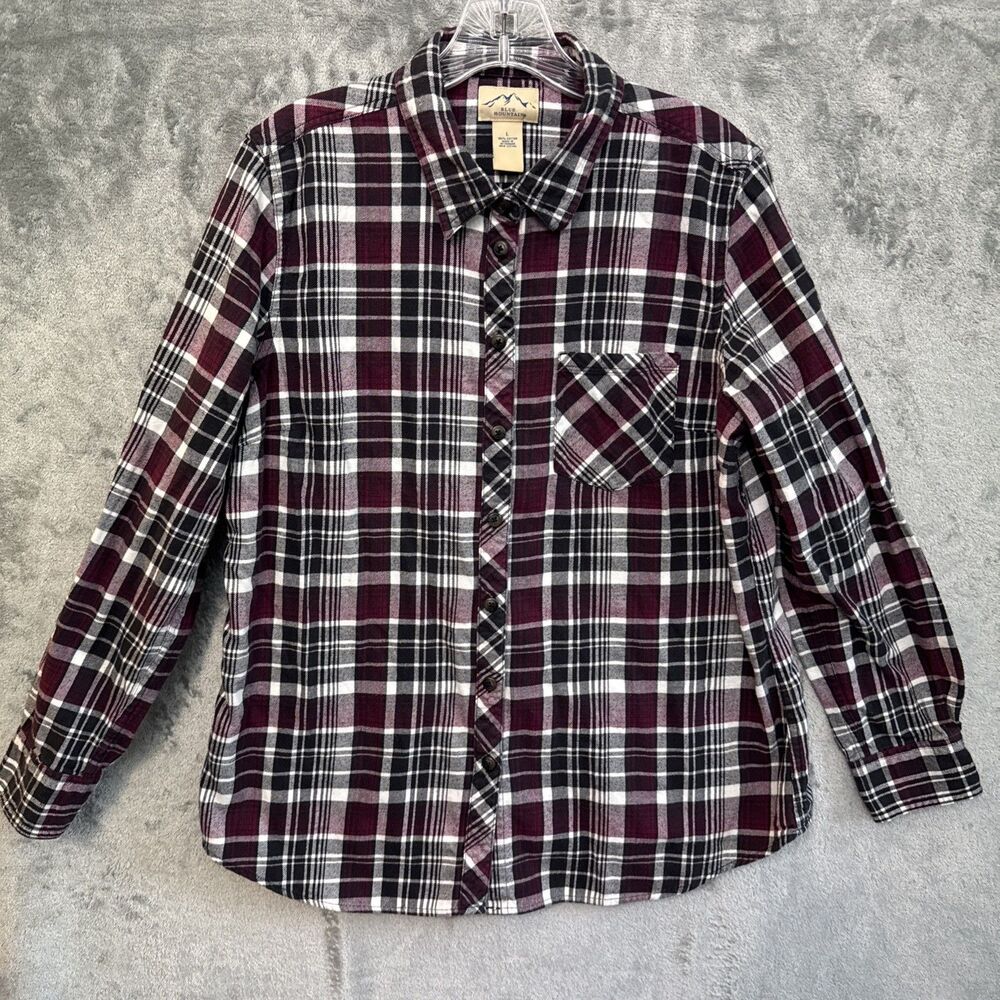 Blue Mountain Women Lg Flannel Shirt burgandy black plaid